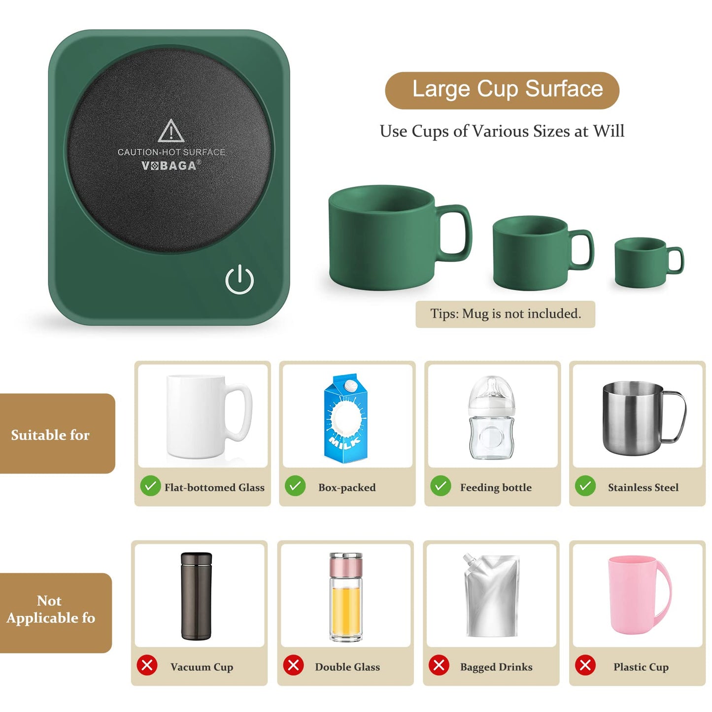 VOBAGA Coffee Mug Warmer for Desk with Auto Shut Off & 3-Temp Settings, Coffee Cup Warmer with Smart Safety Alert Home Office Accessory, Perfect for Coffee, Tea, Milk (No Mug)
