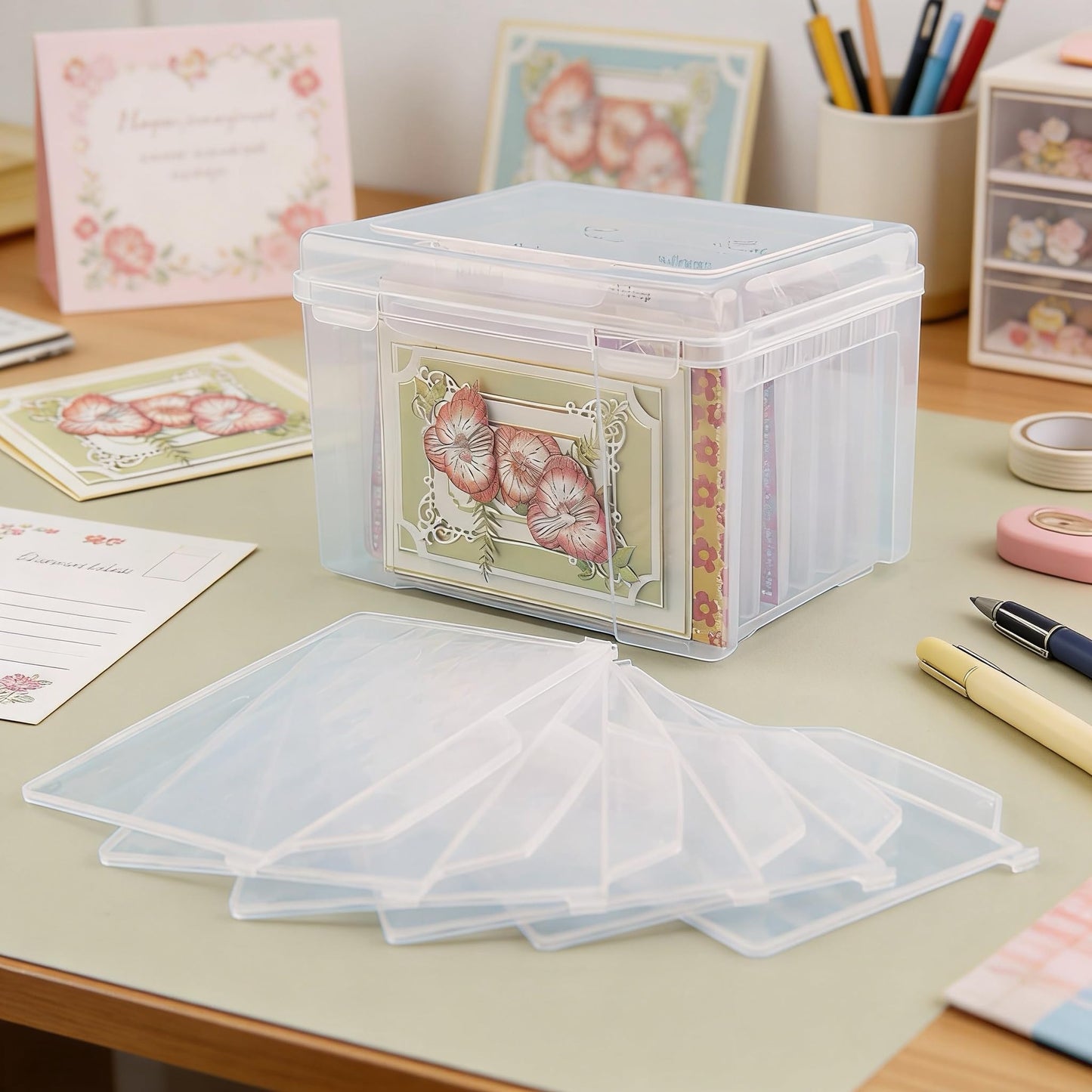 Greeting Card Storage & Organizer Box with 6 Removable Dividers for Holiday Birthday Get Well Cards Photos, Crafts, Scrapbooking(Clear)