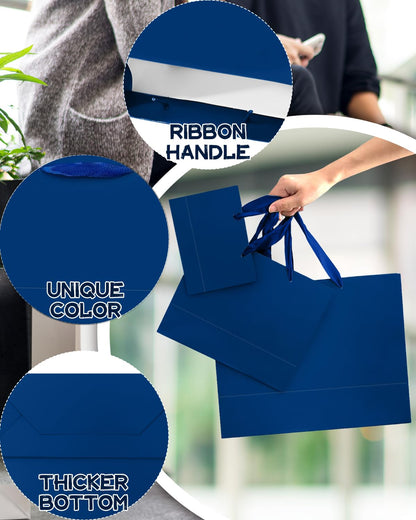 qiqee 10PCS Nordic Blue Gift Bags with Ribbon Handles Mulit Assorted Sizes Gift Wide Bags (2pcs Large 13", 4pcs Medium 9.6", 4pcs Small 6.3",Tissue Paper)