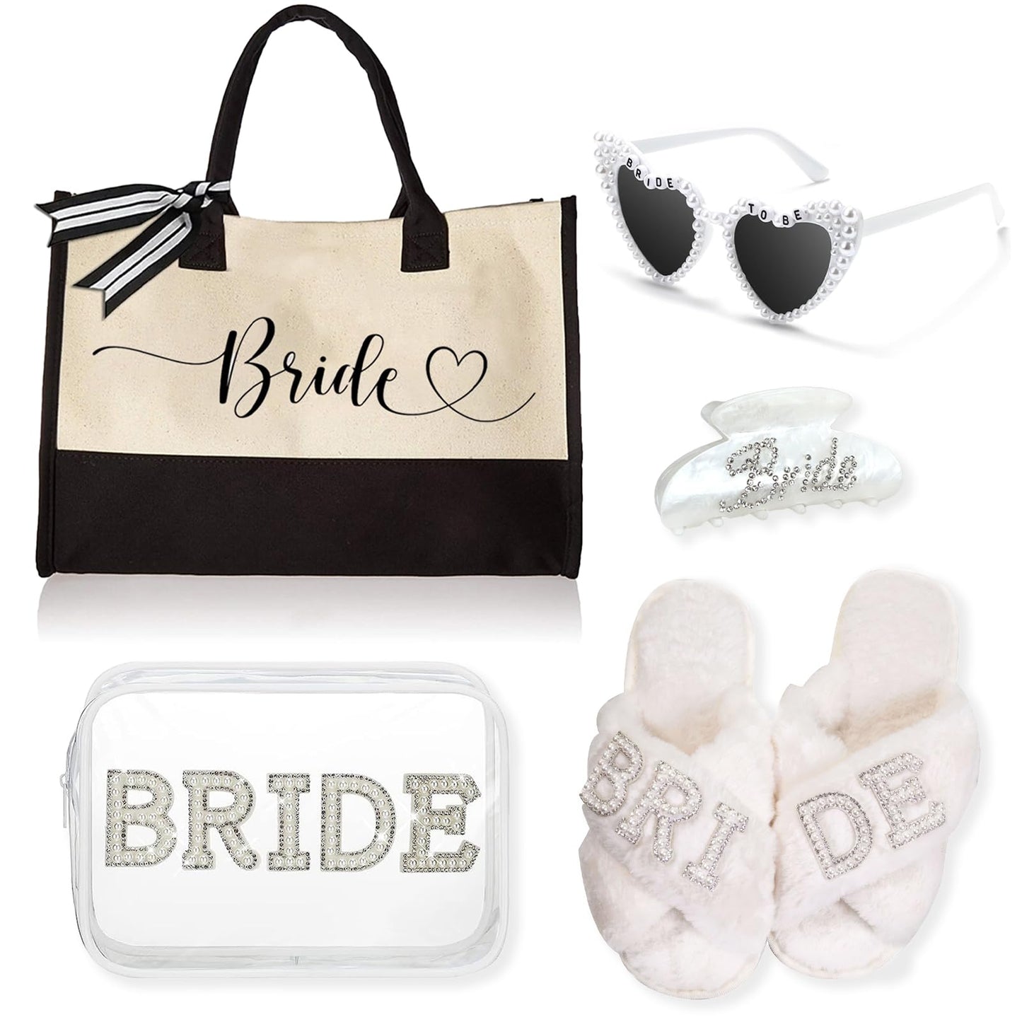 5Pcs Bridal Shower Gifts Set with Bride Bag Cosmetic Bag Sunglasses Slippers Hair Clip, Suitable for Bridal Shower, Weddings, Bachelorette Gifts for Bride, Bride Gift Set