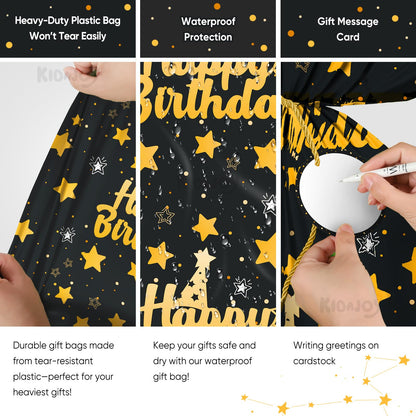 Extra Large Birthday Plastic Gift Bags Boys Black and Gold 36x56 Inch Jumbo Black Gift Bag XL Happy Birthday Themed Kids Women Men Party Favors Decorations Golden Star