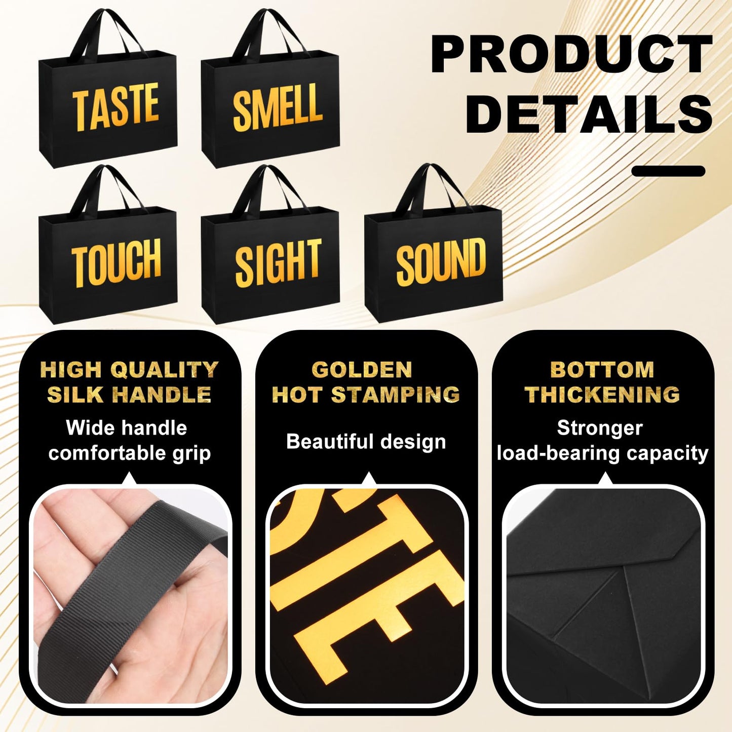 EIiovcnya 5 Senses Gift Bags for Him Her with Labels,Sight Smell Touch Taste Sound Gift Bags with Ribbon Handle,Tissue Paper,Greeting Card for Birthday,Wedding,Christmas,Valentine's Day (Black, 12.6 x 8.7 x 4 Inch)