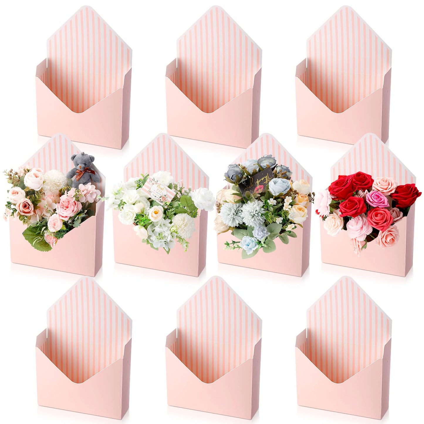 Geyee 10 Pcs Graduation Floral Bouquet Envelope Boxes Pink Flower Bouquet Packaging Gift Paper Wrapping Flower Bags for Arrangements Mother's Day Wedding Party Birthday, 9.3‘' x 3‘' x 13.8''