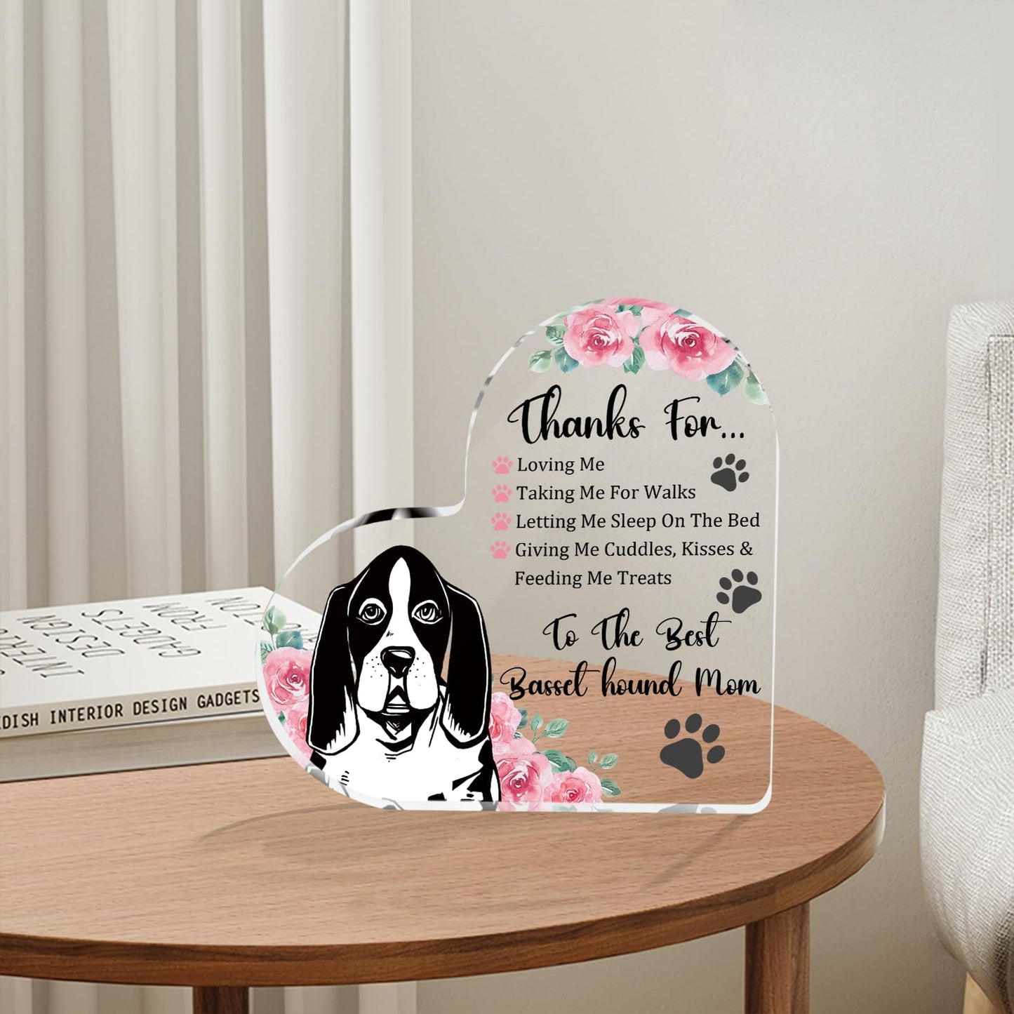 Tian Zhun Basset Hound Gifts for Women Thank You Basset Hound Mom Gifts for Women Dog Lover Rose Acrylic Heart Plaques Appreciation Gift for Mothers Day Christmas Birthday