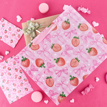 Hooqict Large Strawberry Bow Gift Bag Pink Birthday Gift Wrapping Bag with Handles, Tissue Paper, Greeting Card for Girls Kids Women Sweet Strawberry Birthday Decorations Baby Shower Valentines Mothers Day