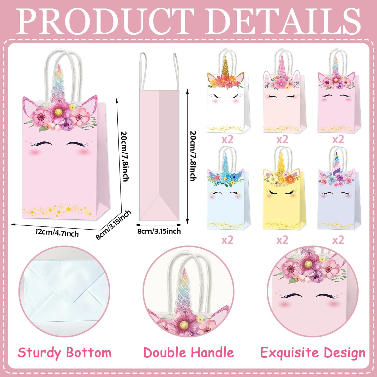 ZOIIWA 12Pcs Unicorn Party Favor Bags Rainbow Themed Treat Bags Pastel Unicorn Candy Goodie Bag Princess Paper Gift Bag with Handle Decorations for Birthday Baby Shower Wedding Party Decor Supplies