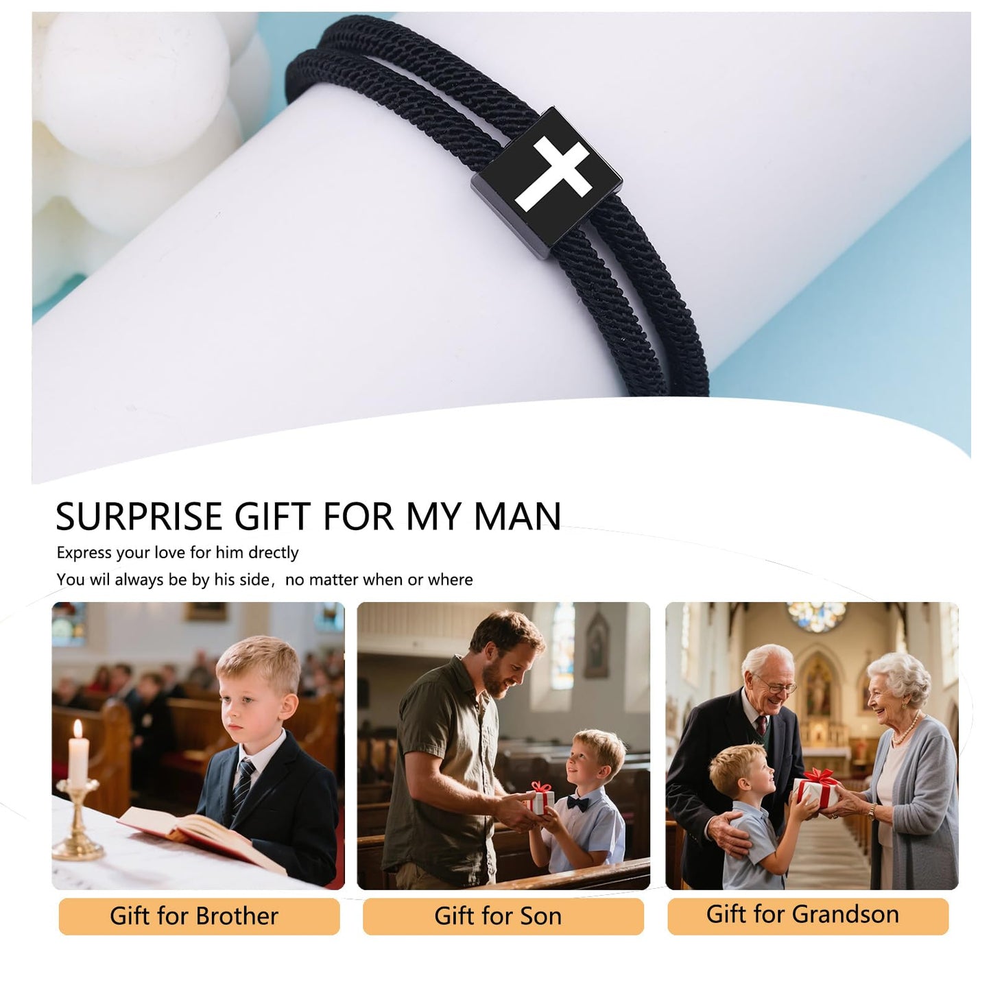 Black Cross Bracelet for Men Boys Baptism Valentine's Day Easter Birthday Christmas Gifts