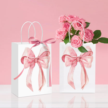 Draupnir 24PCS Coquette Pink Bow Paper Gift Bags, Party Favor Bags, Pink Goodie Bags for Birthday&Bachelorette Party Decoration Coquette Bow Gift Pouches with Handles 8.3x5.9x3.1 Inch