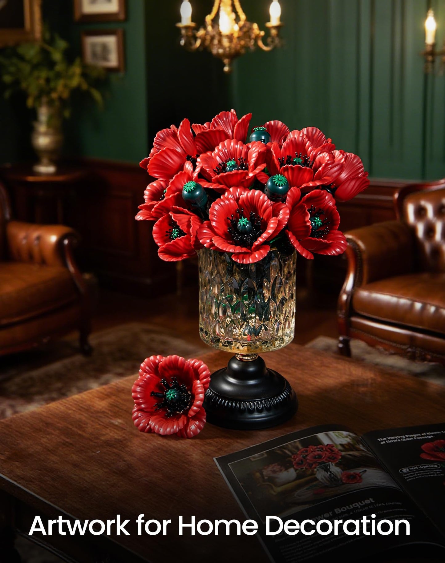 iATOM Red Poppy Flower Bouquet Building Set, 12Pcs Artificial Botanical Collection for Adults - Gift for Mother's Day for Her/Mom/Girlfriend/Wife/Couple, Home Table Centerpiece Decor Aesthetic
