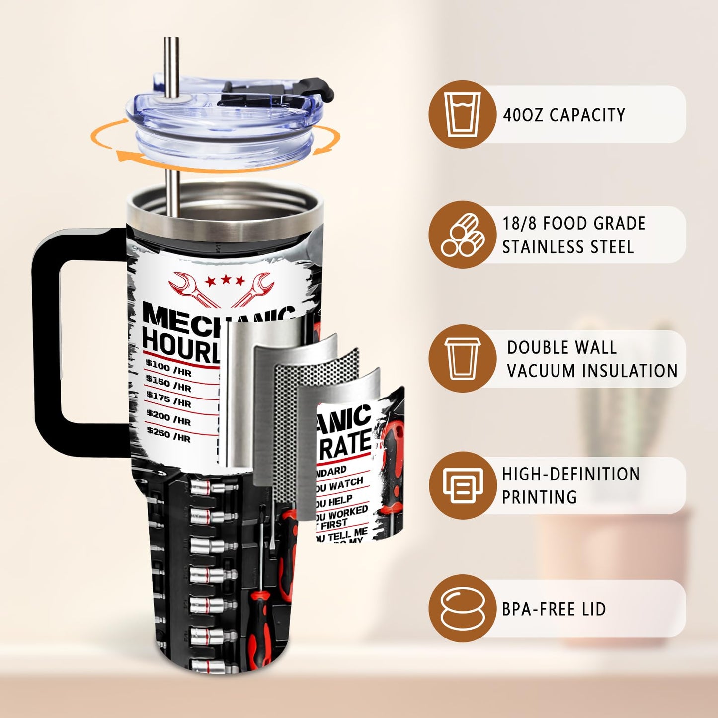 DUUV Mechanic Gifts, Mechanic Tumbler 40 Oz, Stainless Steel Insulated Mug, Christmas Thanksgiving Birthday Gifts for Mechanics Car Enthusiasts, Funny Coffee Travel Mug for Auto Repair Workers, 1PCS