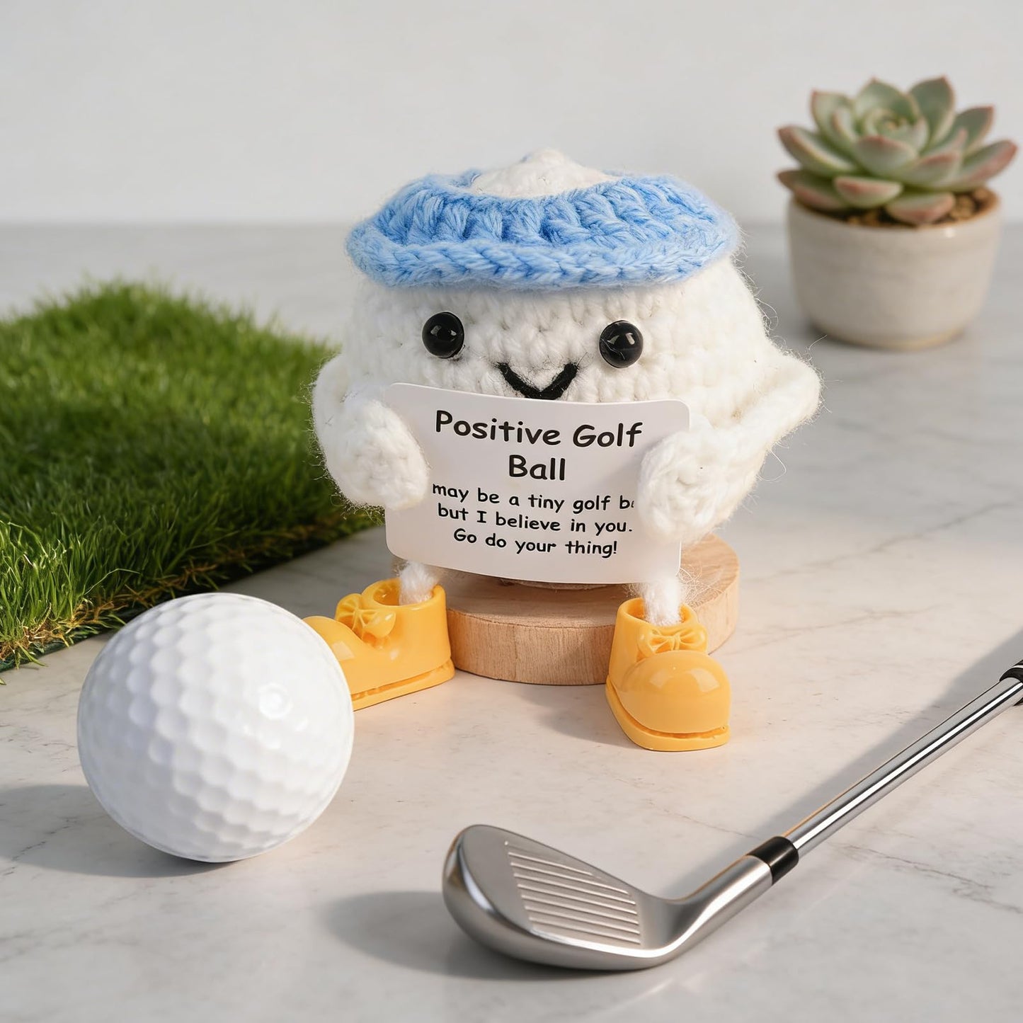 Fathers Day Golf Gifts, Funny Positive Golf Ball, Crochet Golf Ball with 30 Replaceable Cards & Removable Base, Funny Emotional Support Presents for Dad, Men, Women, Golfer Home Office Desk Decor