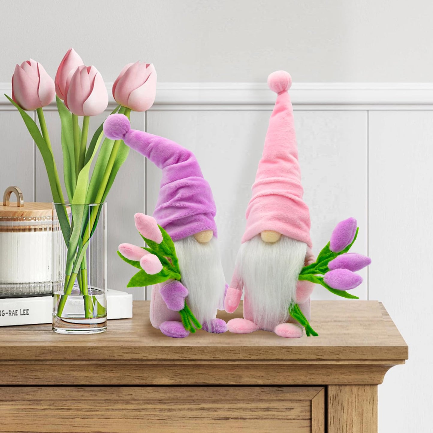 Tulip Gnomes Spring Decor Indoor- Mothers Day Decorations Gifts Gnome for Kitchen, Tiered Tray or Shelf- Spring Farmhouse Decor
