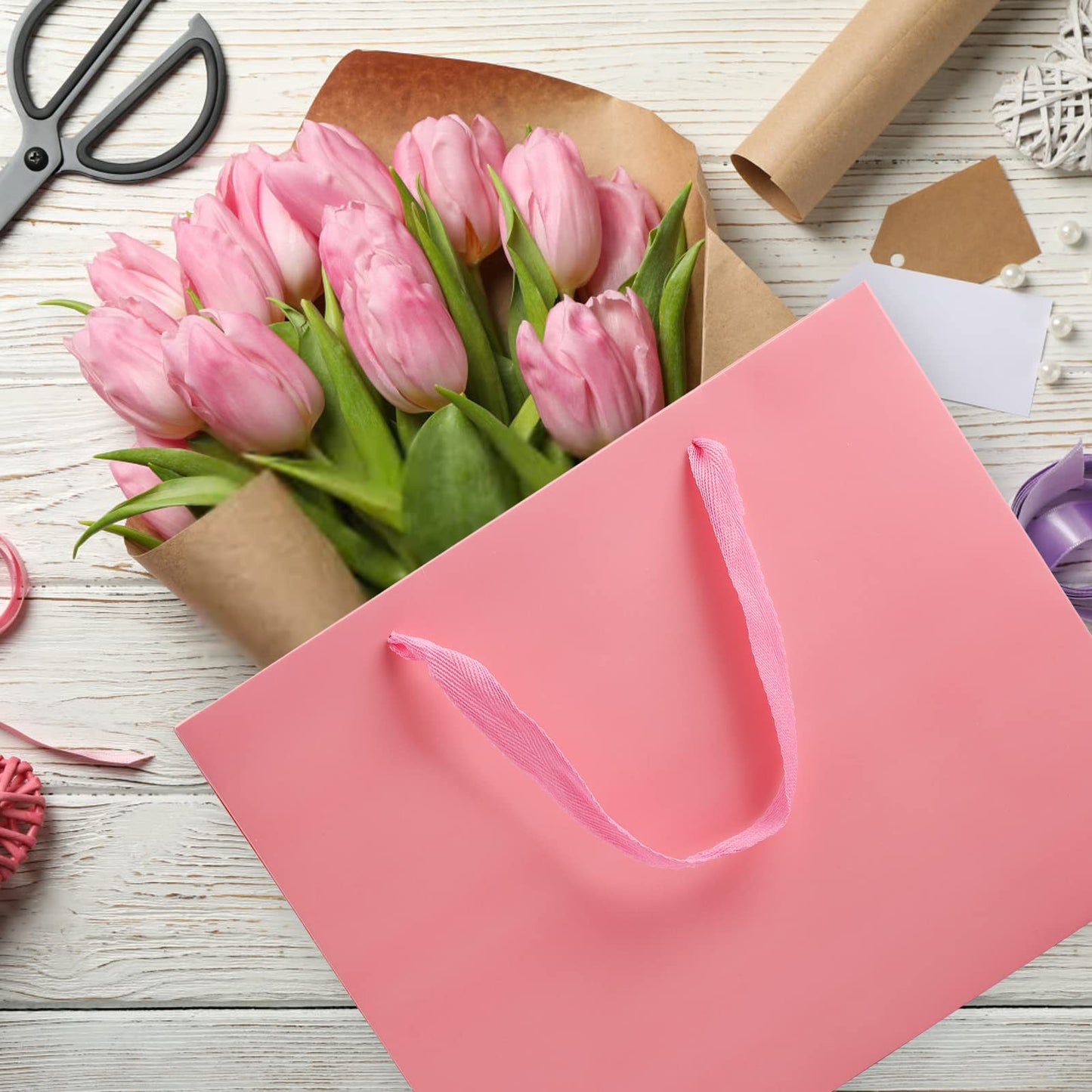 Lyellfe 30 Pack Pink Gift Bags, Heavy Duty Kraft Paper Bag with Handle Bulk, Recycled Water-proof Shopping Bags, Assoorted Merchandise Retail Bags for Birthday, Wedding, Party, S, M, L