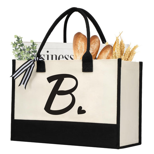 shenee Initial Canvas Tote Bag, Personalized Beach Jute Bag Present for Women Holiday,Friends Birthday Gift,Wedding, New Year