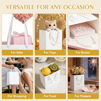 Ethhqu 4 Pack Medium White Gift Bags with Handles, 8x5x10 Inches - Includes 4 Tissue Papers for Birthday Party, Baby Shower, Wedding, Business, Thanksgiving, Christmas (White Medium-4 Pcs)
