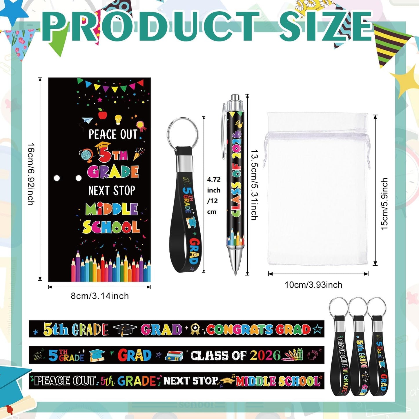 Sayglossy 24 Set 5th Grade Graduation Party Decorations Bulk Class of 2026 Ballpoint Pens Silicone Keychain with Inspirational Greeting Cards Fifth Grade Graduation Party Supplies for Students Gifts
