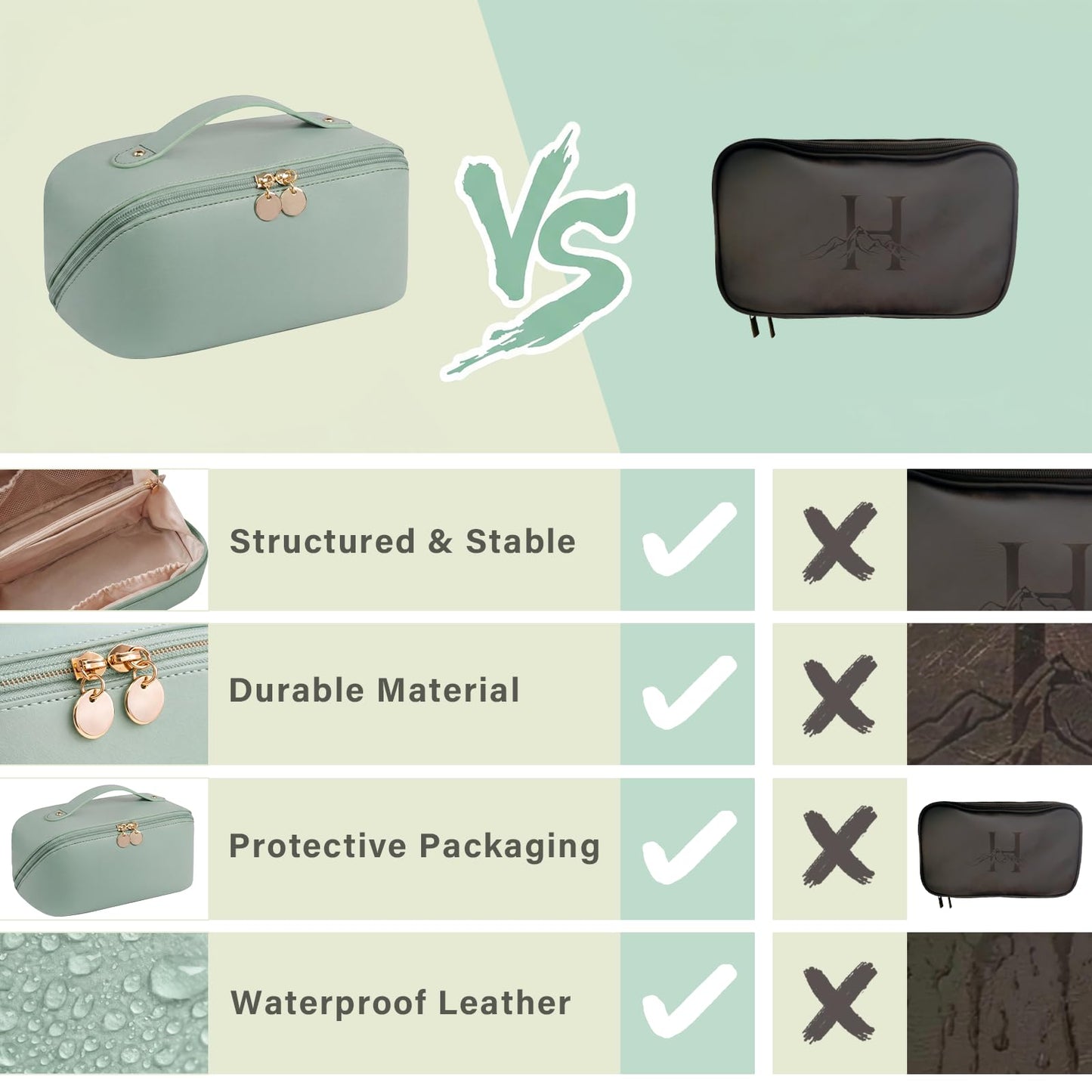 Personalized Makeup Bag for Women, Custom Travel Cosmetic Bag with Initial and Name, PU Leather, Water-Resistant, Open Flat Toiletry Bag for Bridesmaid Wedding Gift/Mothers Day Gifts (Green)
