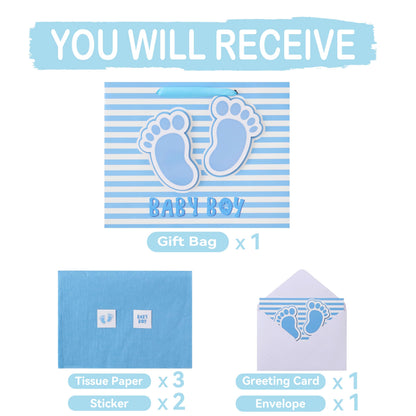 13” Large Baby Boy Gift Bag Set with Handles, Greeting Card, Blue Tissue Papers and Stickers for Boys Kids for Baby Shower, Boys' Birthday Party, Newborn, New Moms, Little One, 1st Baby, 3D Footprints Design, 1 Pcs