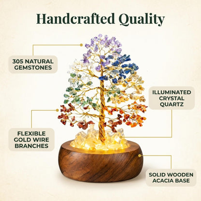 7 Chakra Crystal Tree of Life with LED Light, Handcrafted Gemstone Bonsai with Quartz Crystal Base & Acacia Wood Stand, Spiritual Home & Office Décor, Gift for Women,