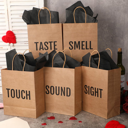 Kolldenn 5 Senses Gift Bags for Him for Her with 10 Pcs Tissue Paper, Paper Bags with Handles Five Senses Gifts for Valentines Christmas Birthday Wedding Anniversary (Kraft,8.3 x 4.3 x 10.6 Inch)