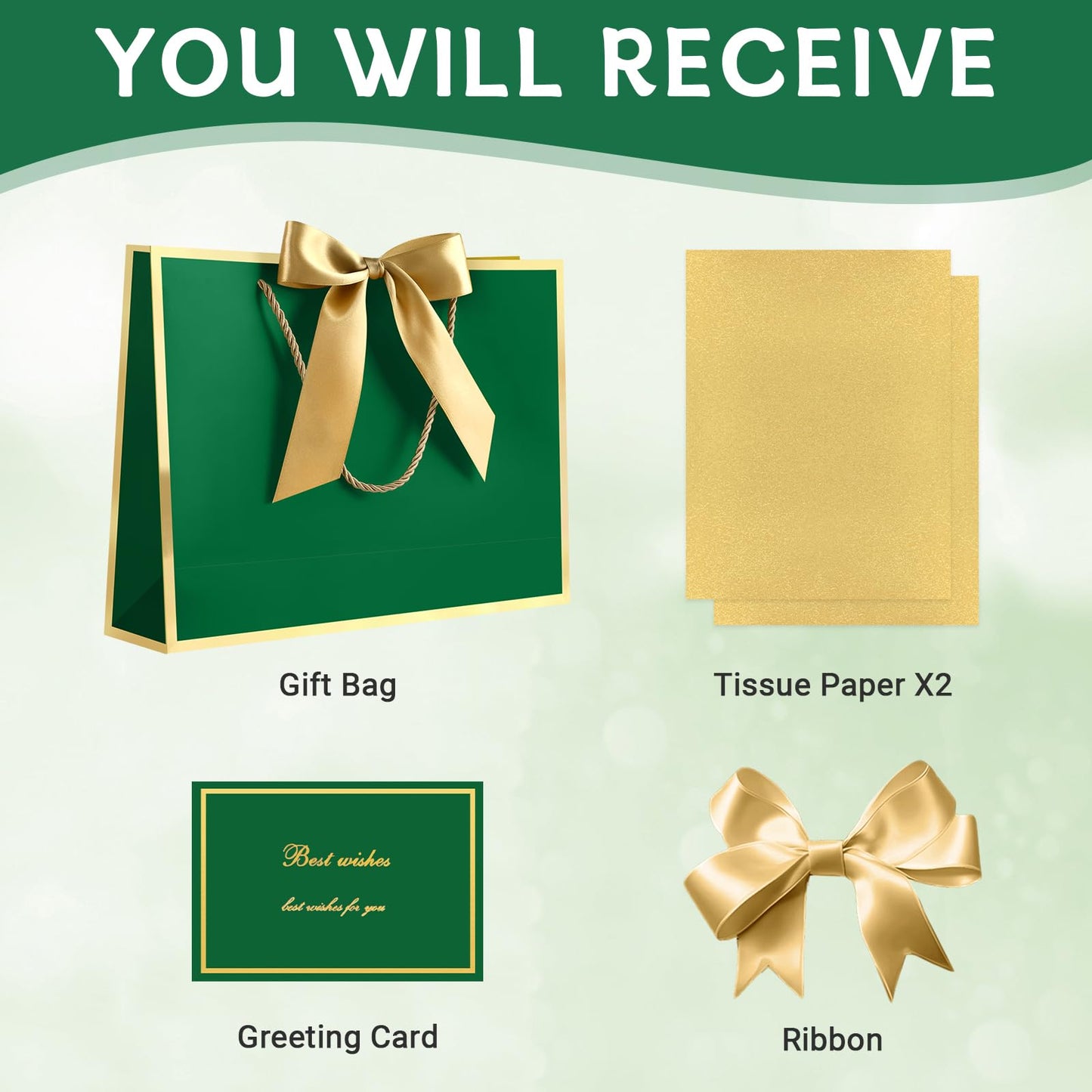 JMANNI 1PCS Gift Bag with Ribbon and 1 Greeting Card 2 Tissue Papers, Portable Paper Gift Bag with Handles for Graduation Baby Shower Wedding Fathers Day Mother's Day Birthday Party (green gold