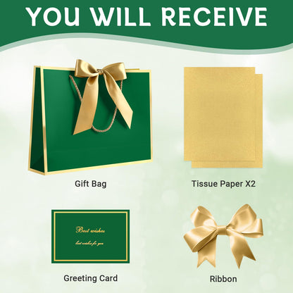 JMANNI 1PCS Gift Bag with Ribbon and 1 Greeting Card 2 Tissue Papers, Portable Paper Gift Bag with Handles for Graduation Baby Shower Wedding Fathers Day Mother's Day Birthday Party (green gold