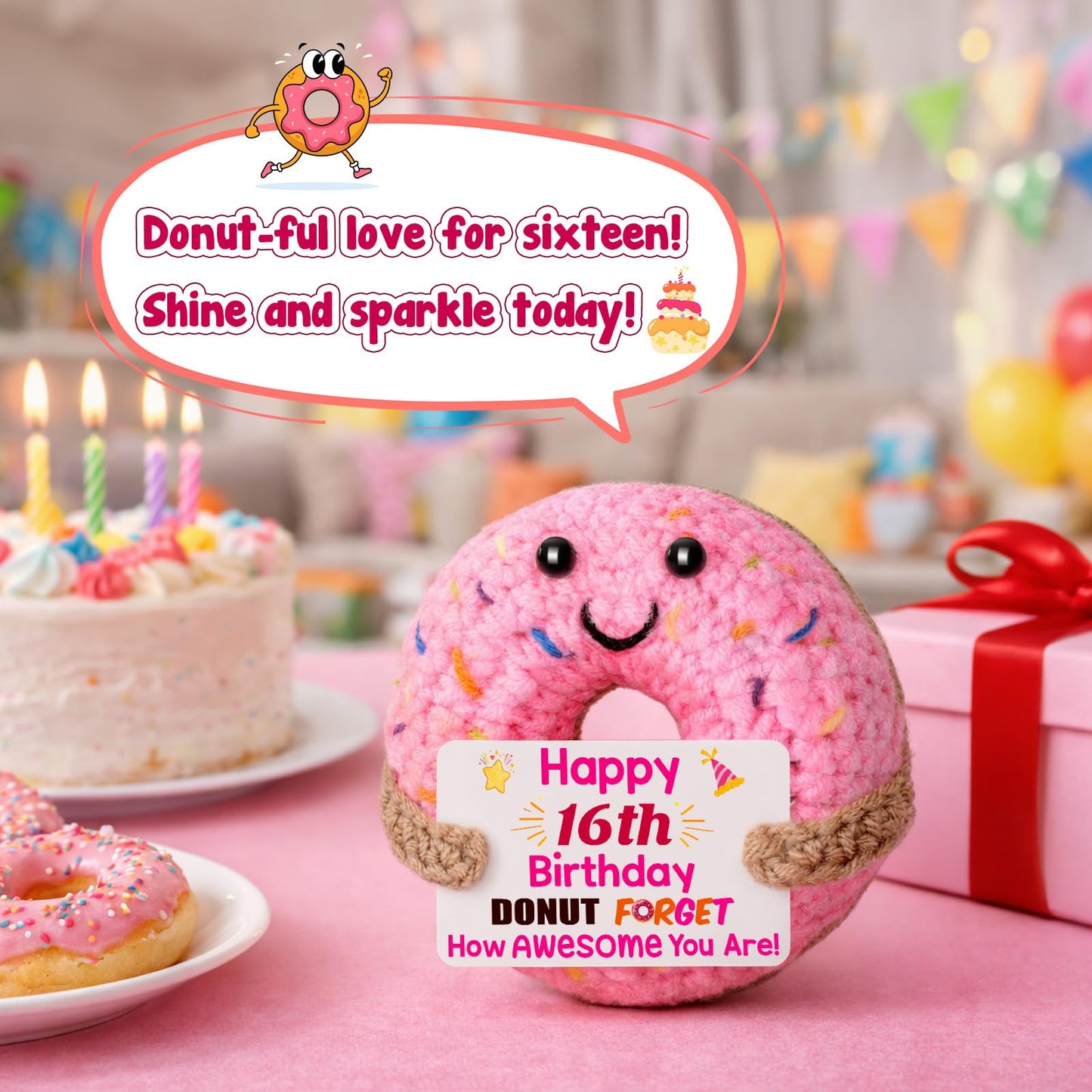 BuiltFit Sweet 16 Birthday Gifts - 16th Sixteen Year Old Gifts for Girls Boys, Cute Crochet Donut Happy 16 th Bday Party Favors Decorations New Driver Present for Teens Daughter Granddaughter