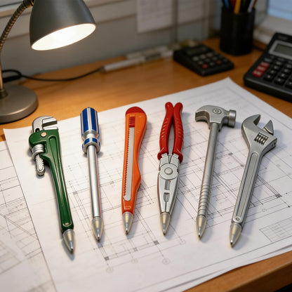 Funny Pens Desk Toys Novelty Pens for Adults - 6 Pcs Construction Tool Shaped Ballpoint Pen Set, Cool Office Supplies & Unique Gifts for Men, Coworkers, Dads, Home & Office Use