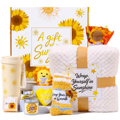 Sunflower Gift Box for Women, Sunshine Birthday Gifts, Luxury Self Care Package, 9-in-1 Gift Baskets with Blanket, Tumbler, Candle, Bath Bomb, Plush & More, Get Well Soon, Valentine Day Gifts