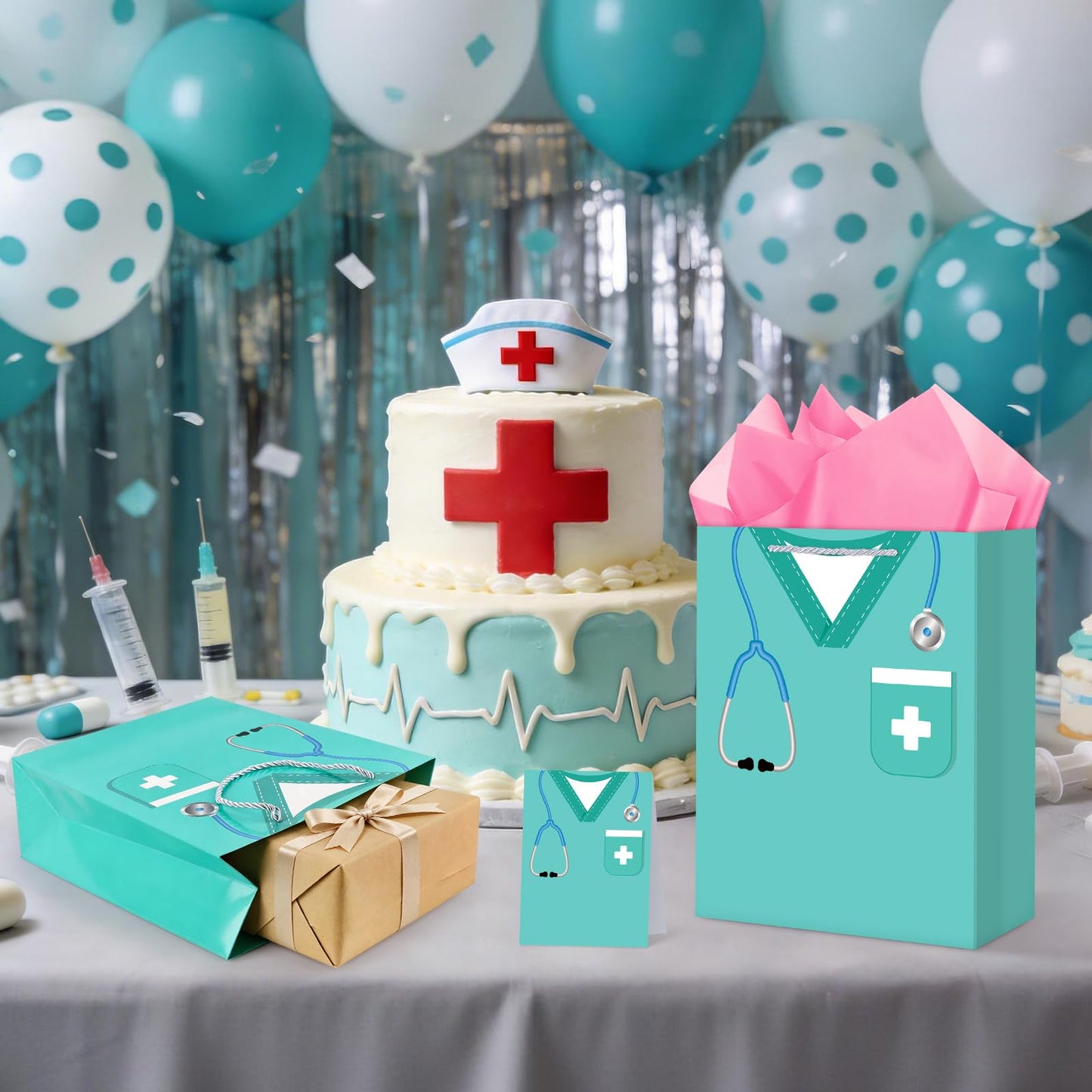 Hooqict Large Nurse Graduation Gift Bag Nurse Gift Wrap Bag with Handles, Tissue Paper, Greeting Cards for Her Women New Grad Nursing Student Medical School Graduation Party Gifts Supplies
