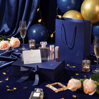 Zonon Dark Blue Luxury Gift Box with Lid and Ribbon 9 x 7 x 3'' Gift Bag with Greeting Card Tissue Paper for Decoration Wedding Easter Graduation Birthday Party Favor Present Supplies