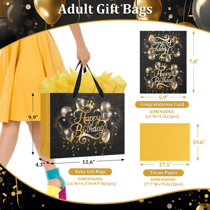 Black Birthday Gift Bag with Tissue Paper and Greeting Card, 12.6“x9.9"x4.3" Happy Birthday Gift Bags for Party, Yellow Balloon Design Gift Wrap Bags Decor for Men, Women and Kids, 1 PCS, Medium Size