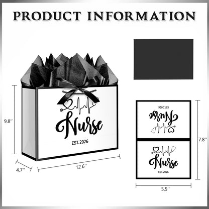XiaosRen 12.6" White and Black Nurse Gift Bag, EST 2026 Nurse Graduation Gift Bag with Tissue Paper, Card and Ribbon, for Nurses Day, Medical Graduates.
