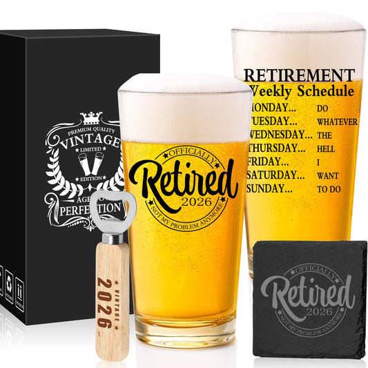 Retirement Gifts for Men 2026 - Retirement Beer Glass with Stone Coasters, Bottle Opener, Funny Beer Glass Unique Gift For Dad, Grandpa, Friends, Family