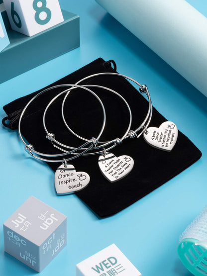 Zhanmai 3 Pieces Dance Teacher Gifts for 2026 Teacher's Day Bracelet Bangle Gift Engraved Appreciation Quotes Expandable Steel Bracelet with Heart Pendant for Women Dance Teacher