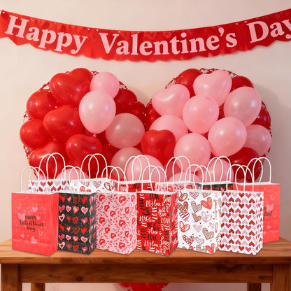 Valentines Gift Bags, 12 PCS Valentine Paper Bags with Handles, Valentines Day Gift Bag, Heart Shaped Valentine Treat Goodie Candy Cookie Bag for Valentine's Day Wedding Holiday Party Favor Supplies