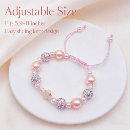 Baptism Gifts for Girl, Cross Pearl Bracelet for Christening First Communion Confirmation, Religious Christian Jewelry Keepsake for Kids Goddaughter Daughter Granddaughter Niece Sister