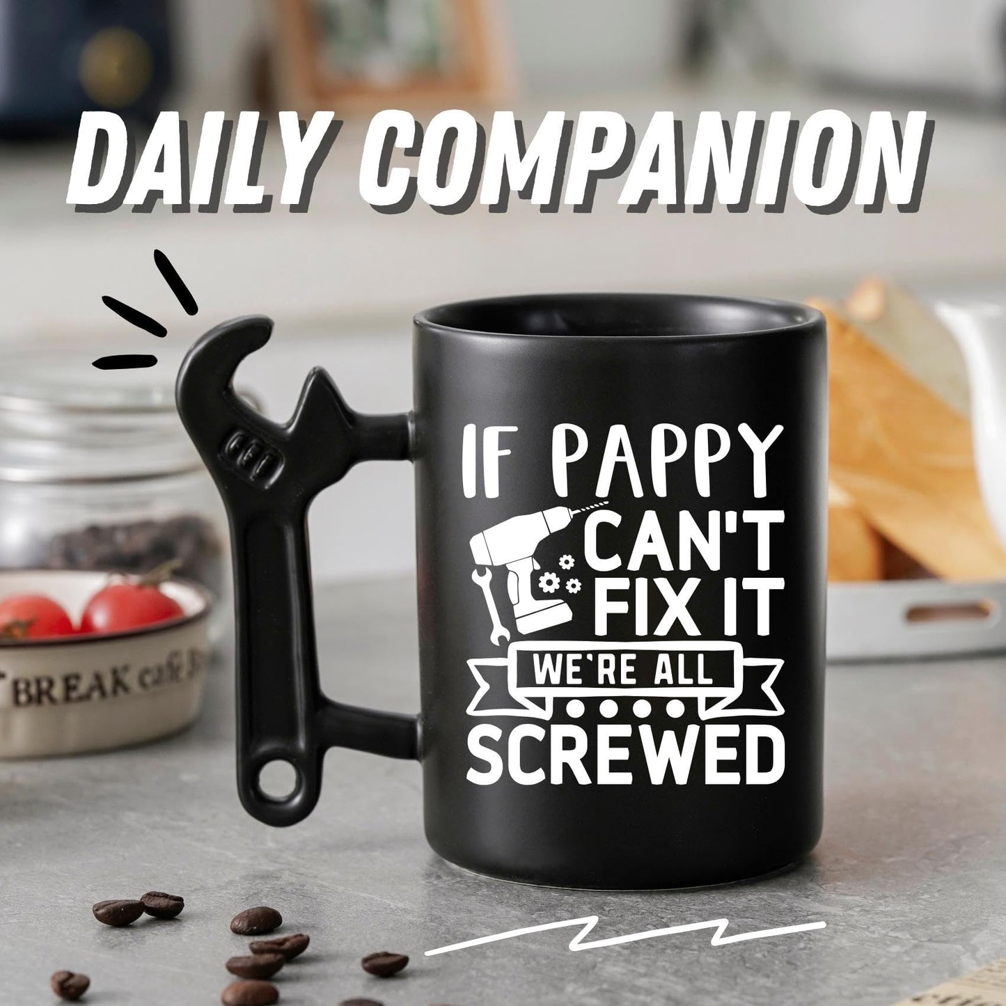Onebttl Pappy Gifts for Fathers Day, Christmas, Coffee Mug with Wrench Handle, 13.5oz/400ml Funny Mug for Grandpa