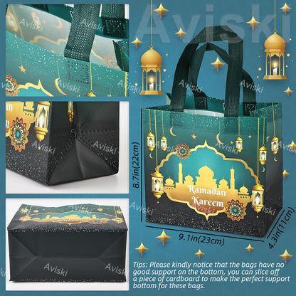 Aviski 4PCS Eid Mubarak Reusable Gift Bags, Treat Bags with Handles, Ramadan Mubarak Party Bags, Multifunctional Non-Woven Eid Bags for Gifts Wrapping, Ramadan Kareem Party Supplies, 9.2"×8.7"×4.3"