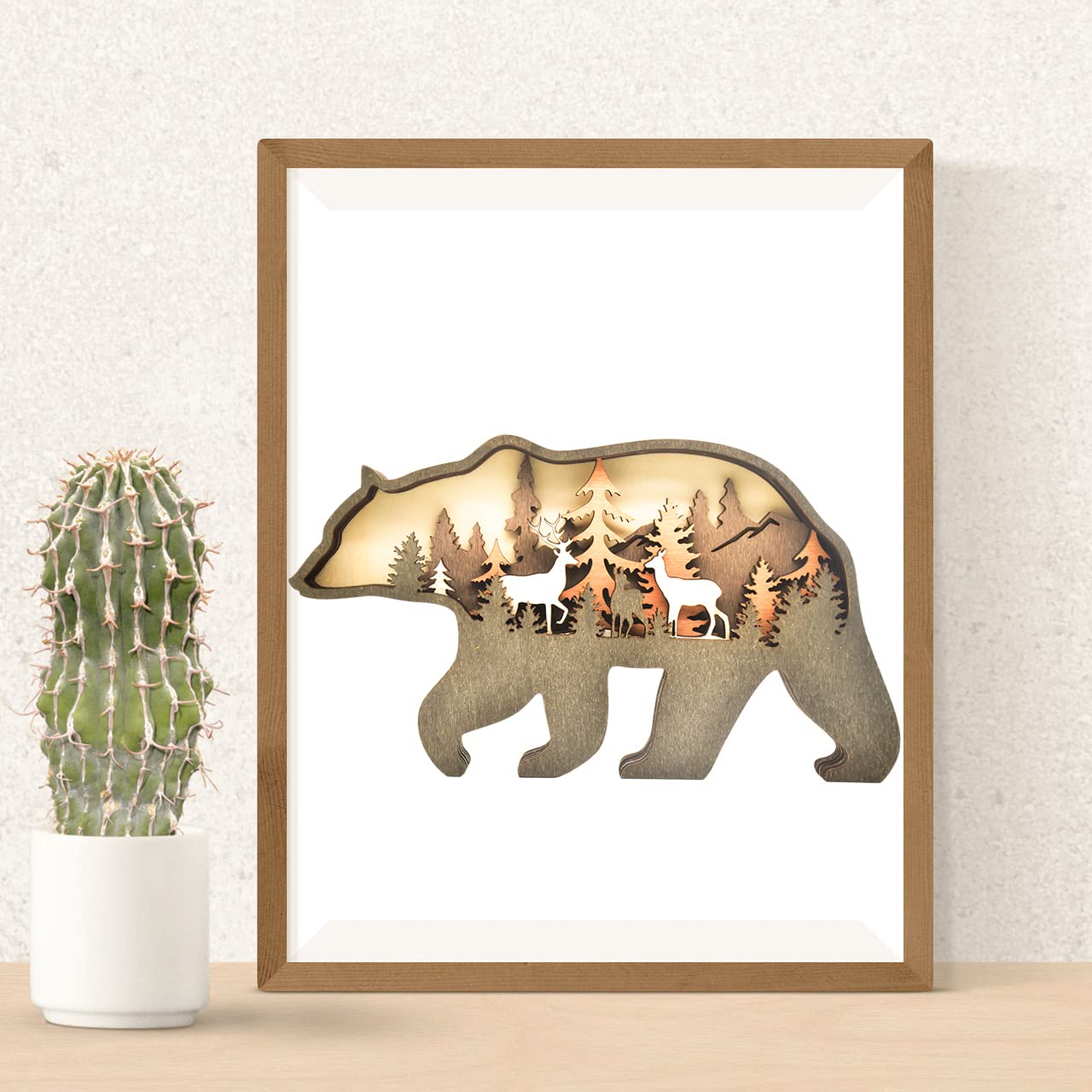MACLARONX Wood Bear Art Decor Multi-Layer Brown Bear Figurine Rustic Home Shelf Desktop Decorations Creative Wild Animal Cutout Silhouette Crafts
