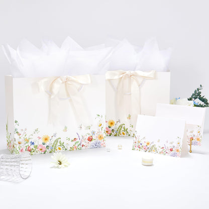 Crisky 2 Pack Wildflower Gift Bag with Tissue Paper and Cards for Wedding, Bridal Shower, Engagement, Bachelorette, Birthday, Tea Party
