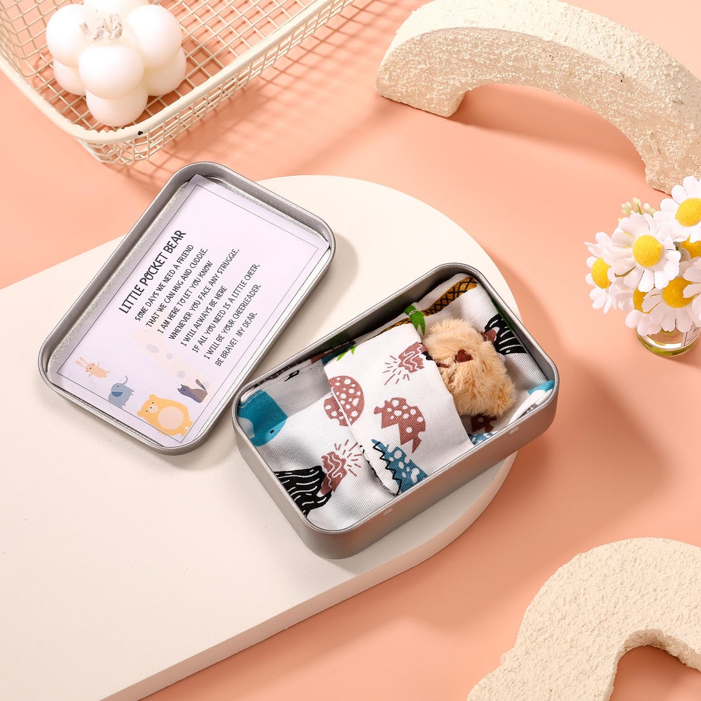 TOYMIS Little Pocket Bear Set, Adorable Mini Plush Bears with Inspirational Card Sleeping Blanket & Iron Box for Friends Encouragement Party Favor (Khaki Bear & Blue Sleeping Blanket)