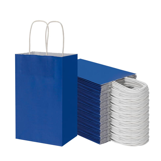 100 Pack 5.25x3.25x8.25 Inch Small Royal Blue Kraft Paper Bags with Handles Bulk, Toovip Gift Wrap Bags for Favor Grocery Retail Party Birthday Shopping Business Goody Craft Merchandise Take Out Sacks