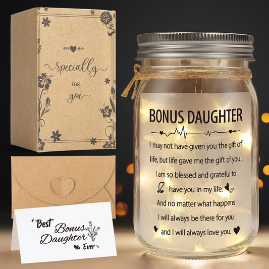 Bonus Daughter Mason Jar Night Light, Bonus Daughter Birthday Gifts from Stepmom, Step Daughter Gifts, Gifts for Daughter in Law
