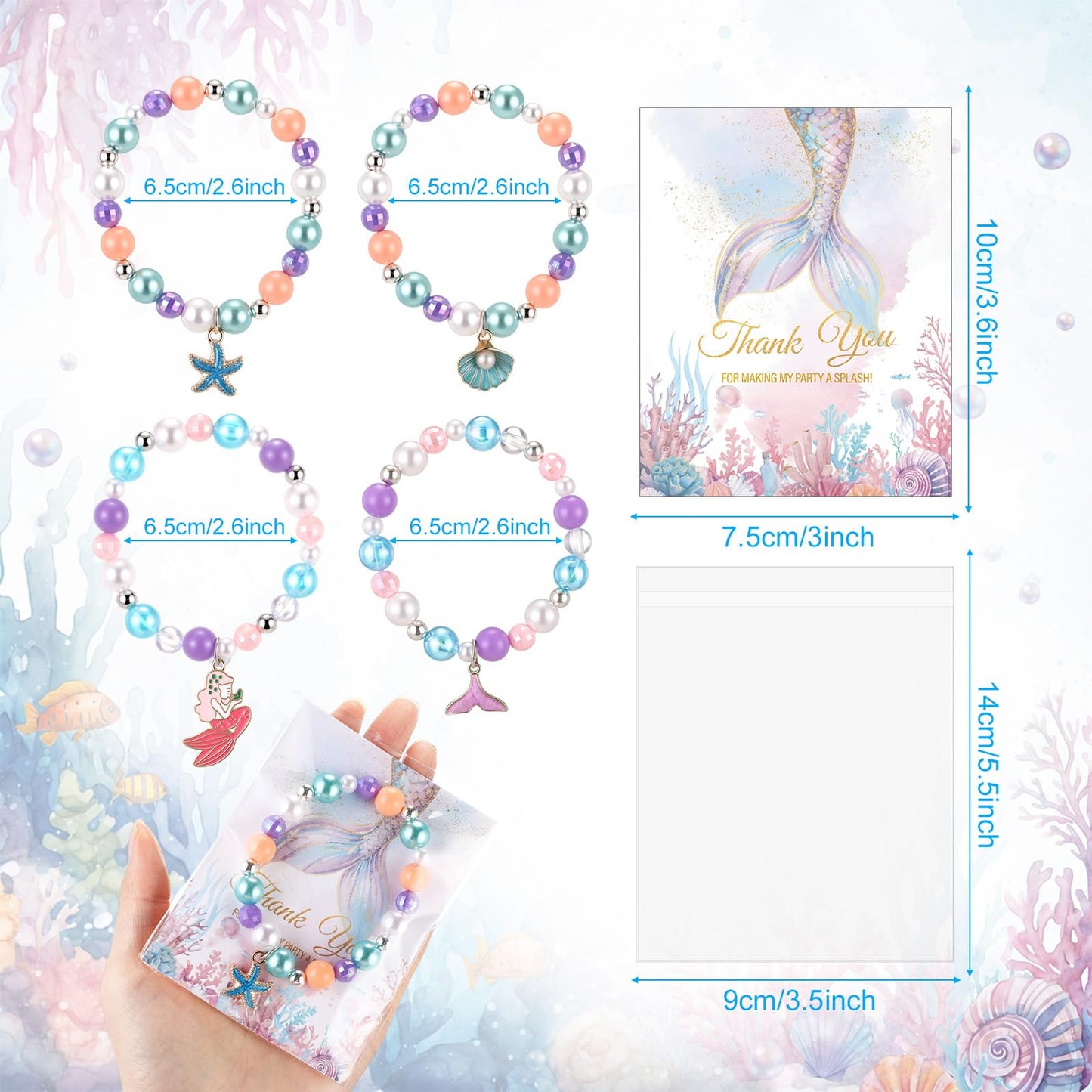 Misdary 12 Set Mermaid Party Favors Kids Beaded Bracelets Thank You Cards Goodie Bags Gifts Theme Party Accessories for Girls Jewelry Princess Birthday Prize Gifts Birthday Decorations