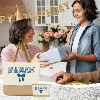 Mamaw Bag, Mamaw Gifts, Gifts for Mom Grandma, Birthday Christmas Retirement Appreciation Gift for Women Mom Grandma Nana Gigi Mimi, Reusable Blue Bow Floral Tote Bags and Makeup Bags With Zipper