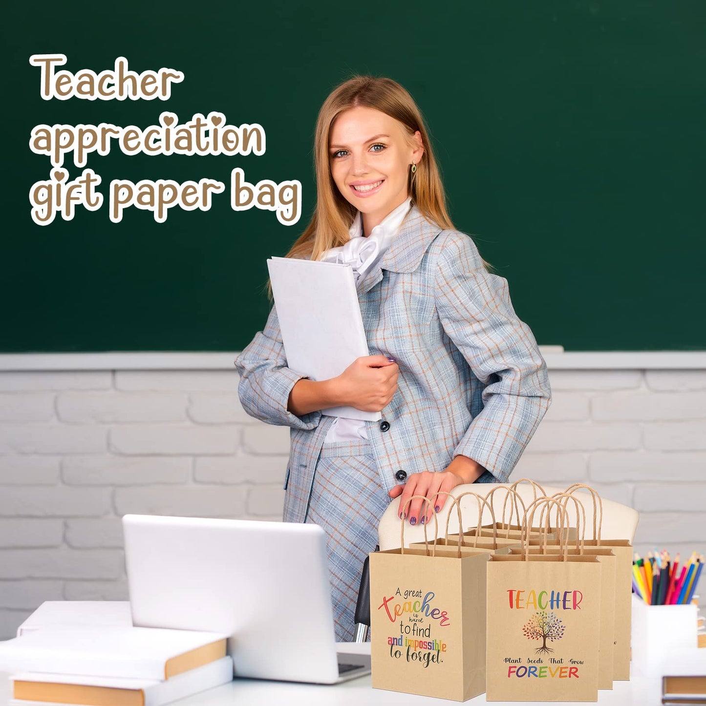 PerKoop 36 Pcs Teacher Appreciation Gift Paper Bag with Handles, Thank You Teacher Treat Present Bags for Teacher Appreciation Week, Birthday, Christmas Supplies(Kraft)