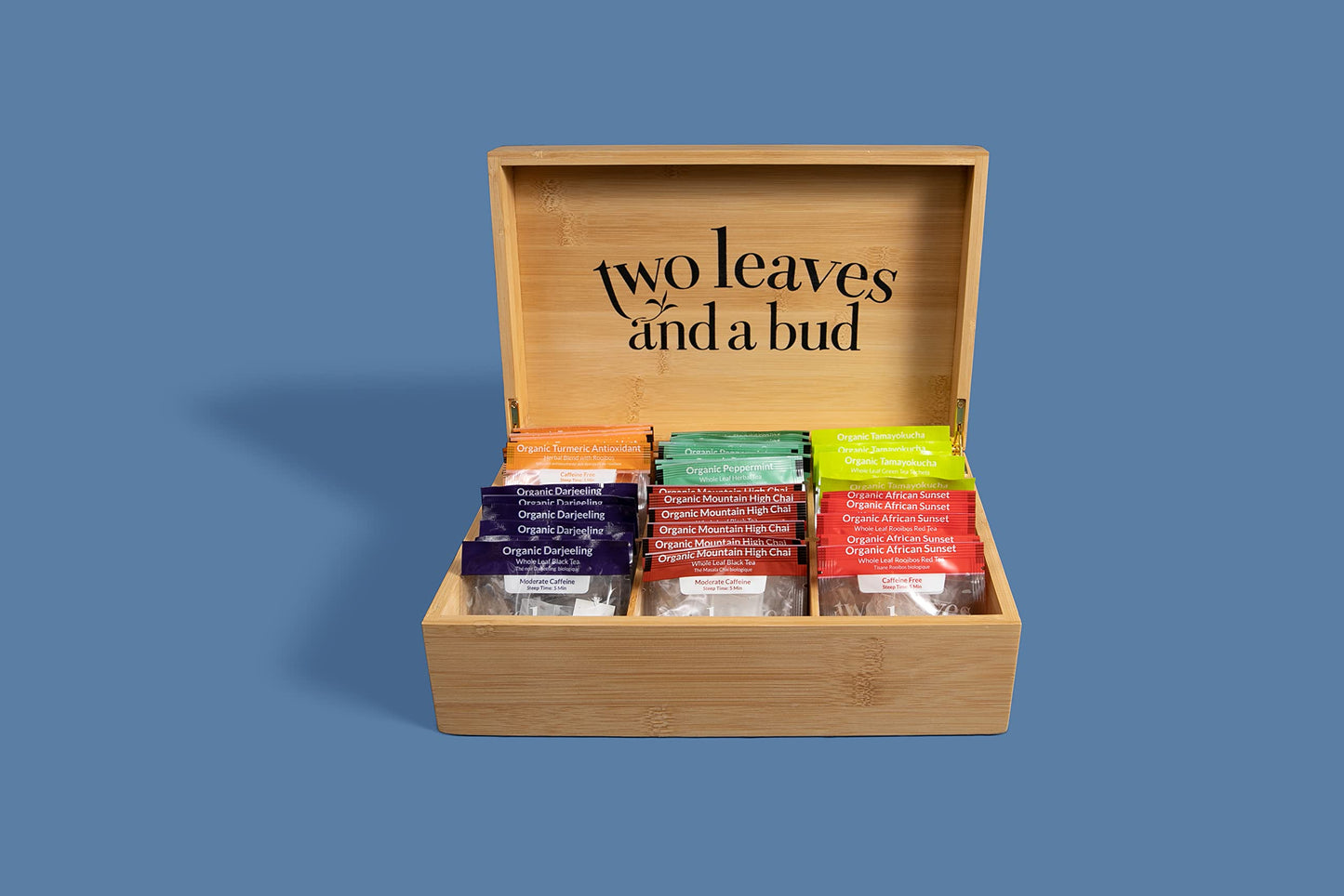 Two Leaves and a Bud Organic Tea Sampler in 6-Slot Bamboo Presentation Box - Filled Gift Box with Tea Assortment of Green, Black, and Herbal Teas
