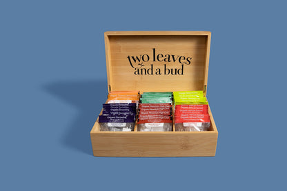 Two Leaves and a Bud Organic Tea Sampler in 6-Slot Bamboo Presentation Box - Filled Gift Box with Tea Assortment of Green, Black, and Herbal Teas