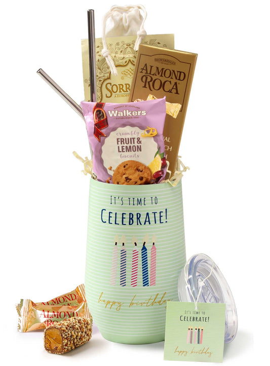Broadway Basketeers Happy Birthday Chocolate and Sweets Gift Mug Large 16oz. Insulated Gift Mug Includes 3 Piece Set of Metal Straws Birthday gift for Mom Dad Friends